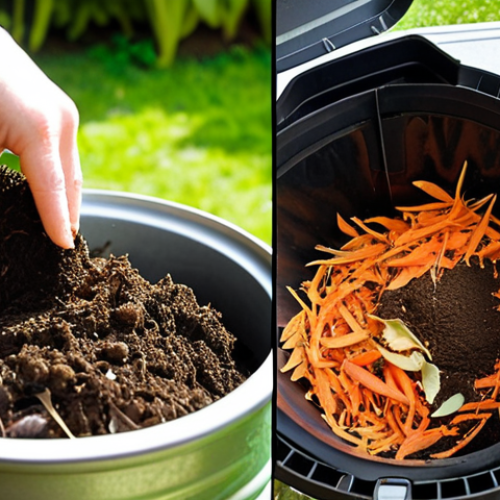 Home 4 **
A split image. On one side, a close-up of vegetable scraps (carrot peels, onion skins, coffee grounds) being added to a compost bin in a sunny kitchen. On the other side, healthy green plants (herbs, vegetables) thriving in a garden, nourished by rich compost. Focus on bright, natural lighting and textures. "Home composting, vegetable scraps, green plants, kitchen garden, sustainable living."
**