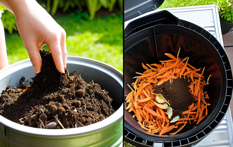 **
A split image. On one side, a close-up of vegetable scraps (carrot peels, onion skins, coffee grounds) being added to a compost bin in a sunny kitchen. On the other side, healthy green plants (herbs, vegetables) thriving in a garden, nourished by rich compost. Focus on bright, natural lighting and textures. "Home composting, vegetable scraps, green plants, kitchen garden, sustainable living."
**